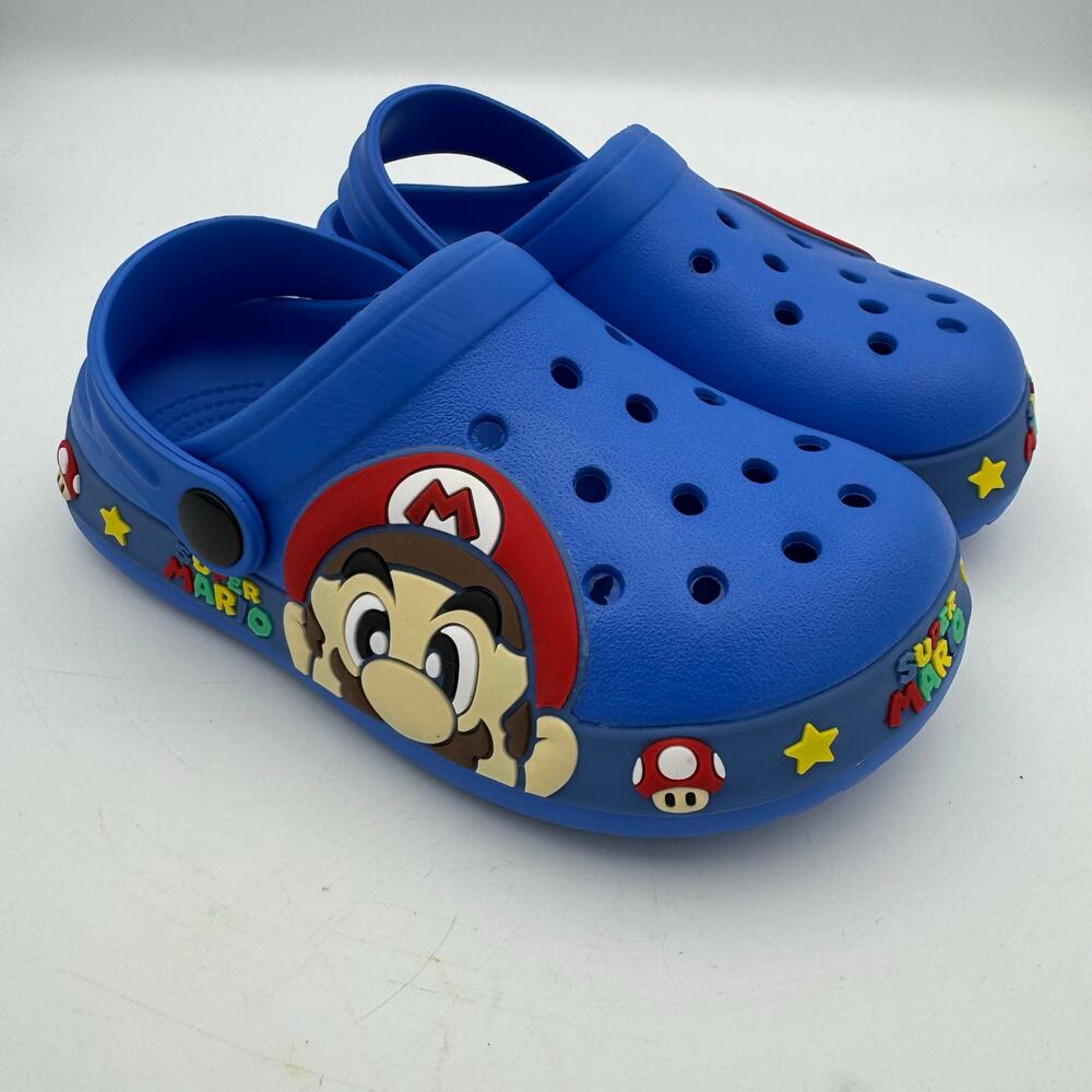 Super Mario Blue Clogs EU 28 Toddler Shoes Mushrooms Stars Slip-On